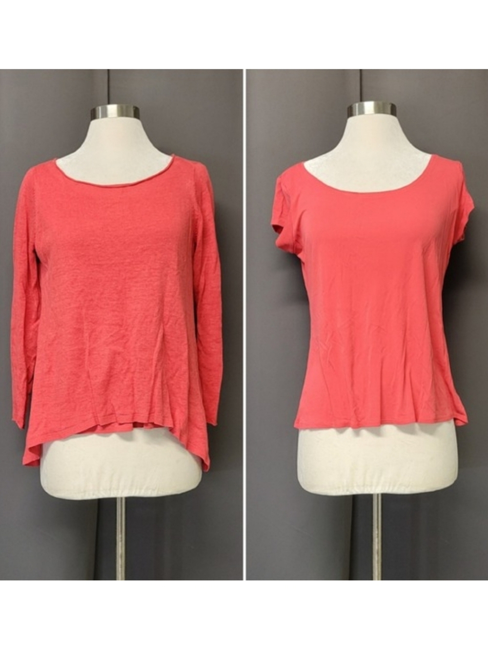 Eileen Fisher Twin Set Coral Pink 100% Linen Sweater & 100% Silk Tee Small